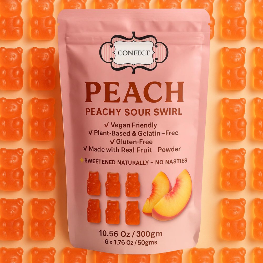 Confect Peachy Sour Swirl Fruit Gummies  Vegan Candy  6 Packs x 1.76 oz  Gluten-Free, No Corn Syrup, Teddy Bear Shape