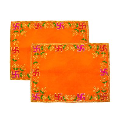 Achleshwar Designer Velvet Embroidered Pooja Aasan Cloth 8x10 inch Orange | Chowki Aasan for God Idol | Mandir Table Altar Cover for Temple, Puja Shelf, Diwali Decoration Pack 0f 2