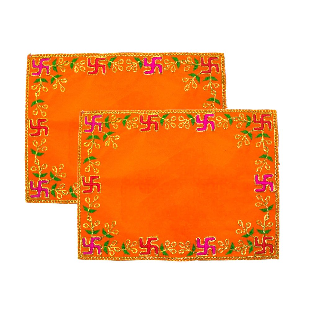 Achleshwar Designer Velvet Embroidered Pooja Aasan Cloth 8x10 inch Orange | Chowki Aasan for God Idol | Mandir Table Altar Cover for Temple, Puja Shelf, Diwali Decoration Pack 0f 2