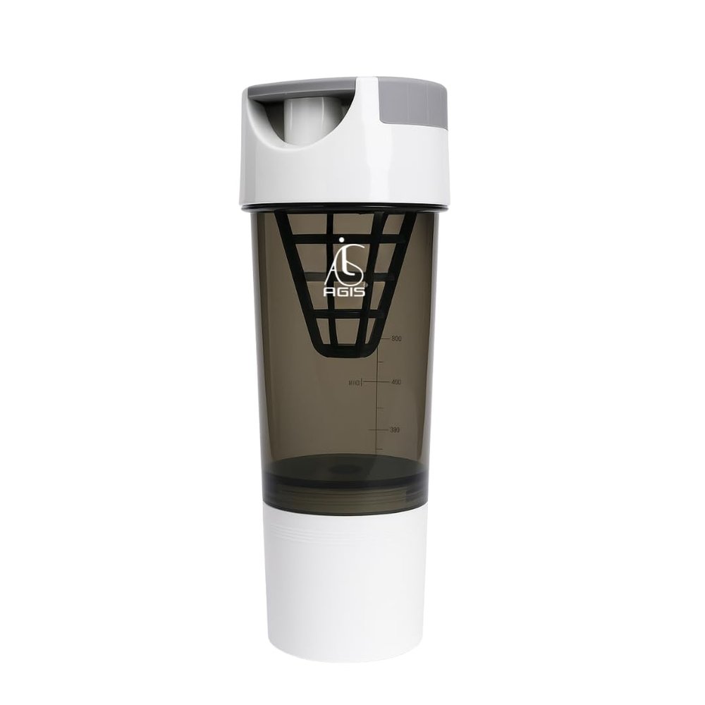 AGIS Cyclone Protein Shaker Bottle 600ml | Leakproof Gym Shaker with Extra Storage Compartment & Mixing Grid | BPA-Free Protein Sipper Bottle (White)