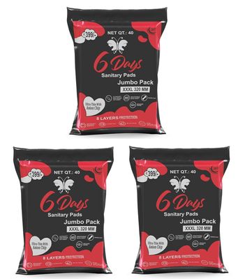 6 Days Sanitary Pads for Women, 8 Layer Deep Absorption with Herbal Shield for Bacterial Protection, Soft on Skin Comfy Dry Top Sheet Pad Jumbo Pack (Size - XXXL) (Pack 3 x 40 Pads)