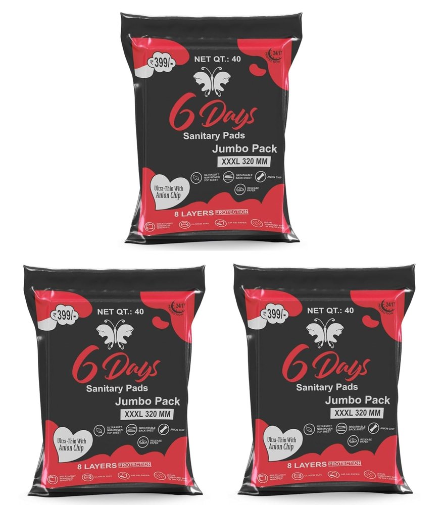 6 Days Sanitary Pads for Women, 8 Layer Deep Absorption with Herbal Shield for Bacterial Protection, Soft on Skin Comfy Dry Top Sheet Pad Jumbo Pack (Size - XXXL) (Pack 3 x 40 Pads)