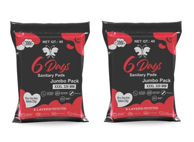 6 Days Sanitary Pads for Women | 8 Layer Deep Absorption with Herbal Shield for Bacterial Protection | Soft on Skin Comfy Dry Top Sheet Pad Jumbo Pack (Size - XXXL) (40 x Pack of 2)