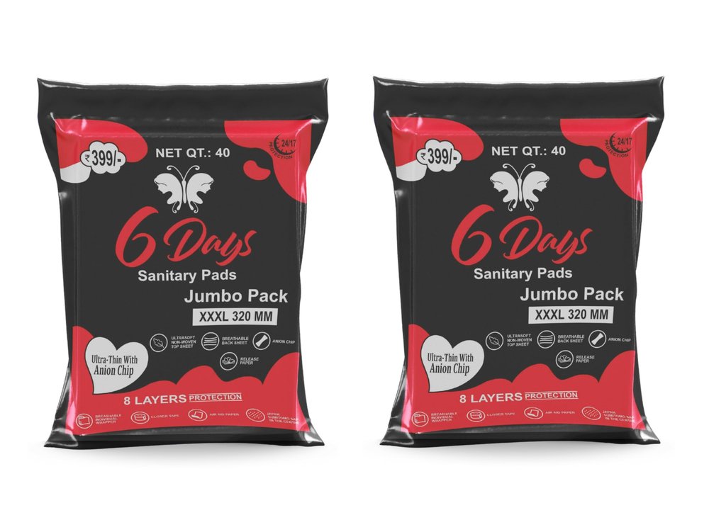 6 Days Sanitary Pads for Women | 8 Layer Deep Absorption with Herbal Shield for Bacterial Protection | Soft on Skin Comfy Dry Top Sheet Pad Jumbo Pack (Size - XXXL) (40 x Pack of 2)