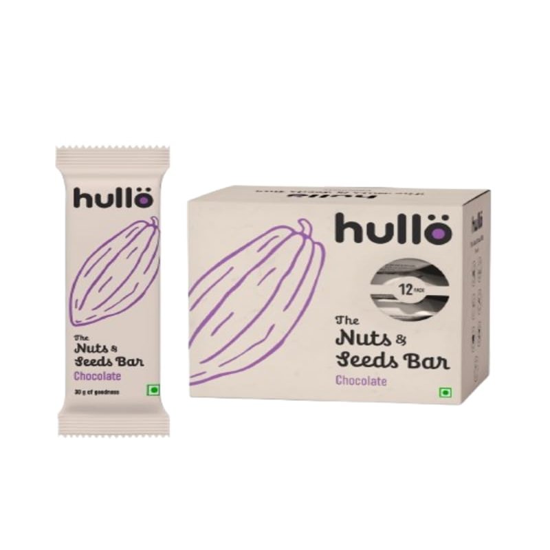 Hullo Nuts & Seeds Bar - Chocolate (12 x 30g Pack) | Dairy Free & Healthy Chocolate Snack Bars for Kids & Adults with No Added Sugar & No Preservatives | Energy Snack Bar for Gym, Travel & School