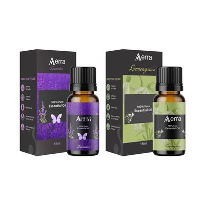 Aerra Serenity Duo Lavender & Lemongrass Essential Oil Combo (2 x 15ml) Pure Aroma Oils for Diffuser, Puja, DIY Vegan