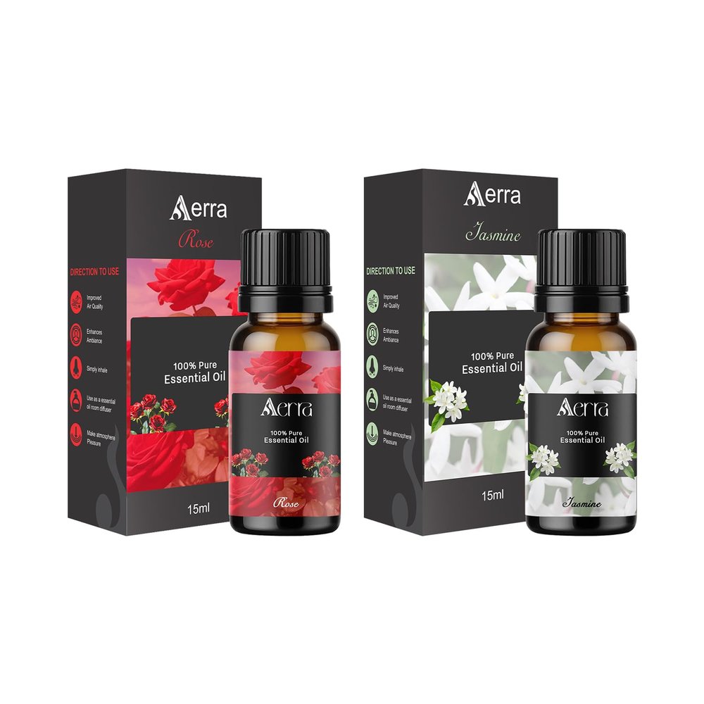 Aerra Floral Duo Rose & Jasmine Essential Oil Combo (2 x 15ml) Pure Aroma Oils for Diffuser, Puja, DIY Vegan