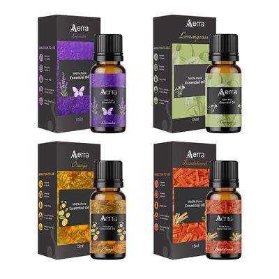 Aerra Vibrant Quartet Lavender, Lemongrass, Orange, Sandalwood Essential Oil Combo (4 x 15ml) Aroma Oils for Puja, Diffuser