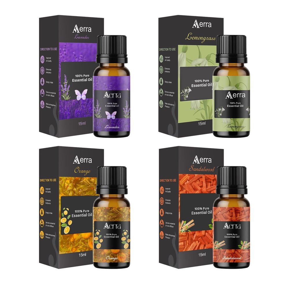 Aerra Vibrant Quartet Lavender, Lemongrass, Orange, Sandalwood Essential Oil Combo (4 x 15ml) Aroma Oils for Puja, Diffuser