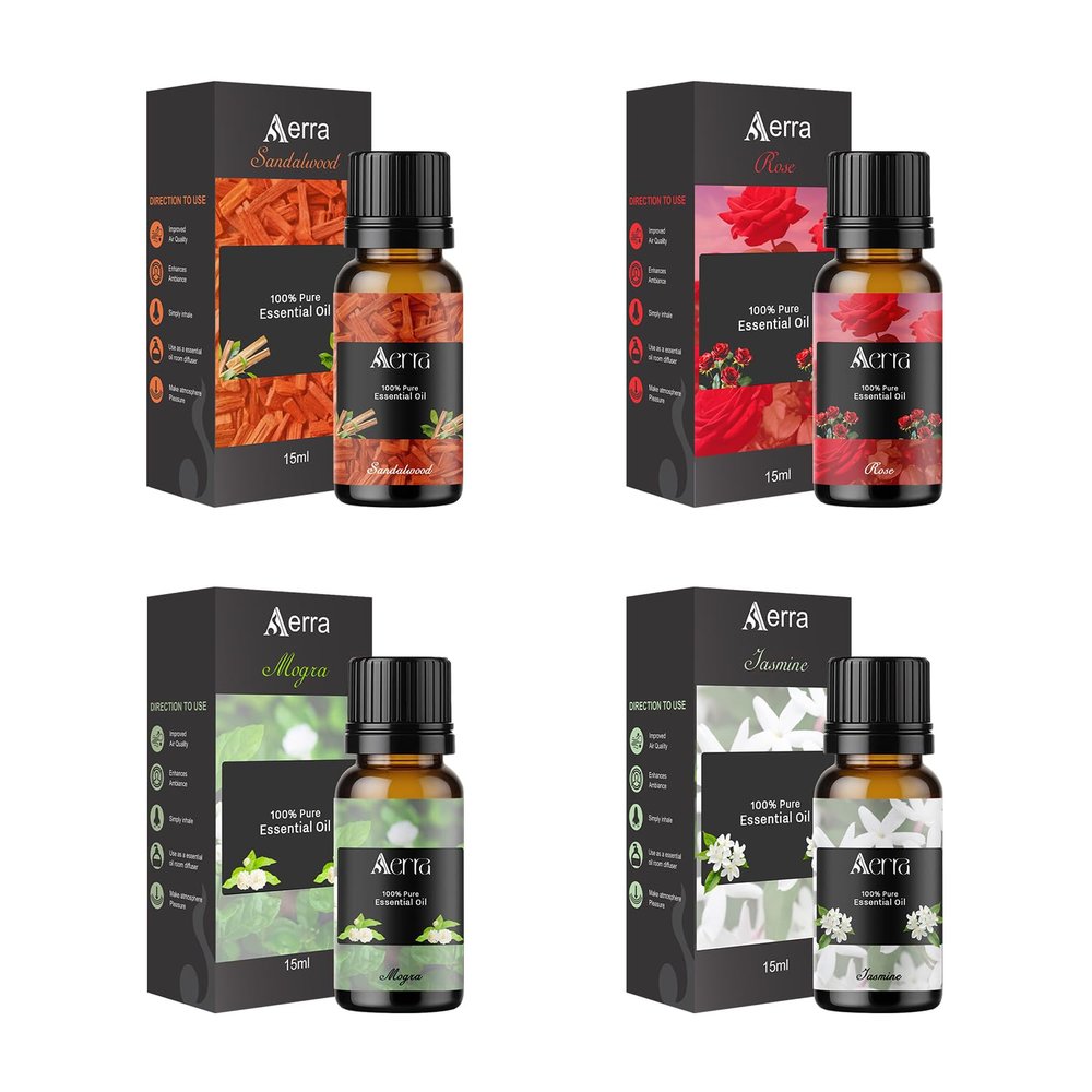 Aerra Festive Quartet  Sandalwood, Mogra, Jasmine, Rose Essential Oil Combo (4 x 15ml)  Aroma Oils for Puja, Diffuser