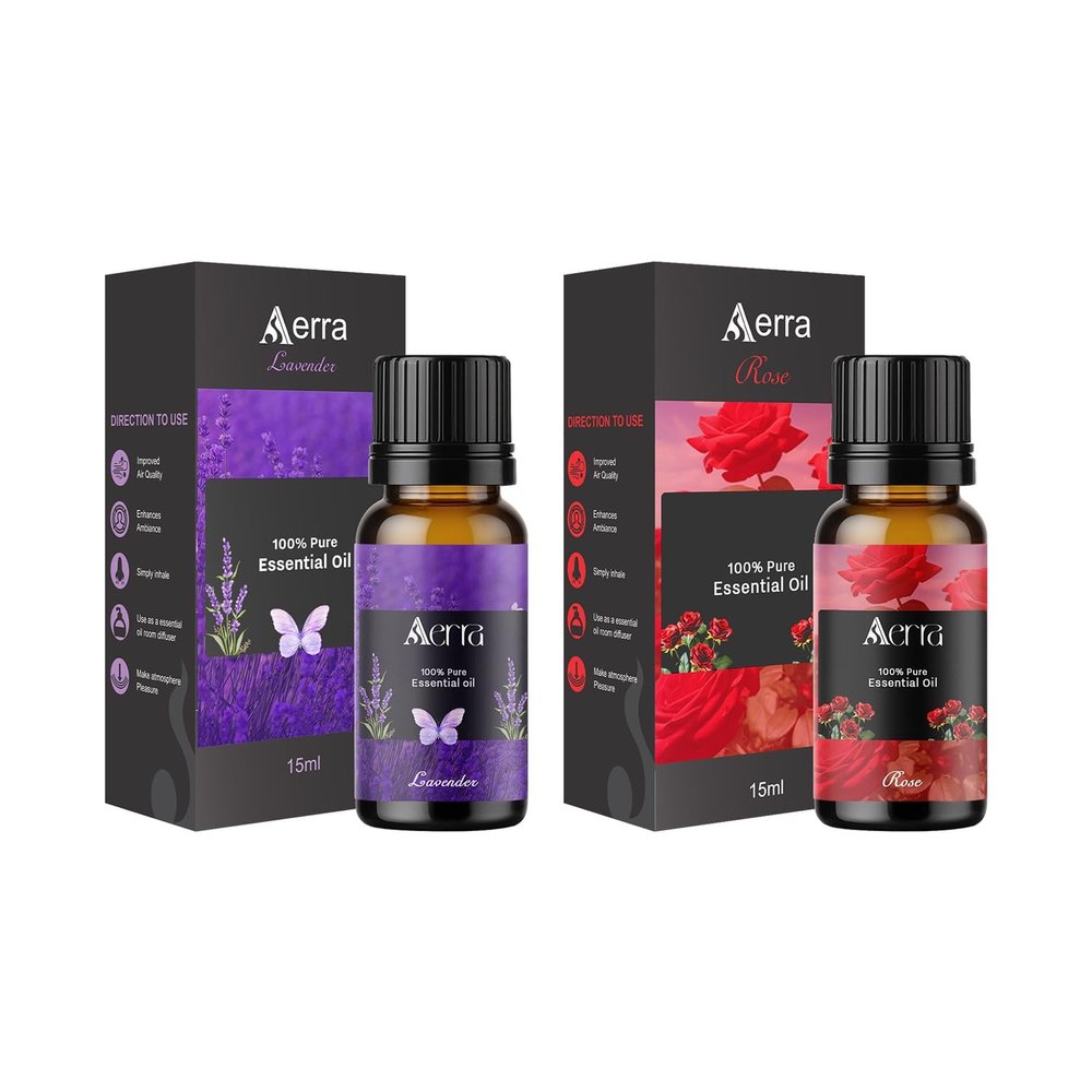 Aerra Serenity Duo  Lavender & Rose Essential Oil Combo (2 x 15ml)  Pure Aroma Oils for Diffuser, Puja, DIY  Vegan