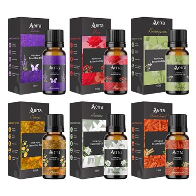 Aerra Harmony Sextet Lavender, Rose, Lemongrass, Orange, Jasmine, Sandalwood Essential Oil Combo (6 x 15ml) Puja, Diffuser