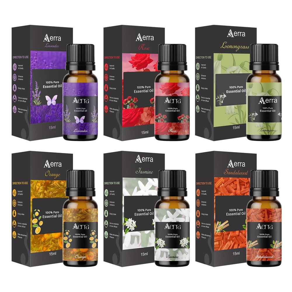 Aerra Harmony Sextet  Lavender, Rose, Lemongrass, Orange, Jasmine, Sandalwood Essential Oil Combo (6 x 15ml)  Puja, Diffuser