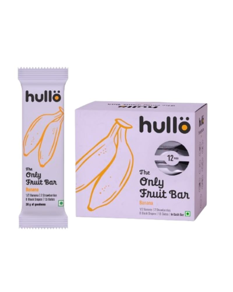Hullo The Only Fruit Bar - Banana (Pack of 12 x 30g) | Healthy Snack Bar for Kids & Adults | Instant Energy Bar No Added Sugar & No Preservatives | Made with Only Banana, Strawberry, Black Grapes & Dates