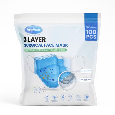 HYGIFEEL 3Ply Surgical Face Mask (Pack of 100) (BLUE) | Built-in Nose Clip| Bacterial Filteration Efficiency 99.9% | Doctor's Choice | India's Top Medical Consumable Brand |