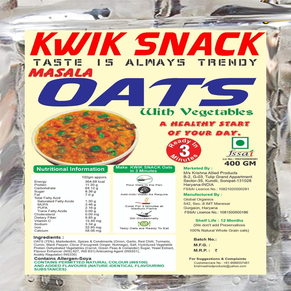 Kwik Snack Masala Oats with Vegetables, Ready in 3 Minutes, 400g