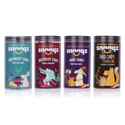 Snaaqz Supergrain Chips Combo 600g | Beetroot Cream & Onion, Beetroot Masala, Ragi Cream & Onion & Ragi Masala | Pack of 4 | High Protein | Baked & Crunchy | Vegan | Low-Calorie | Healthy Snacks for Adults & Kids