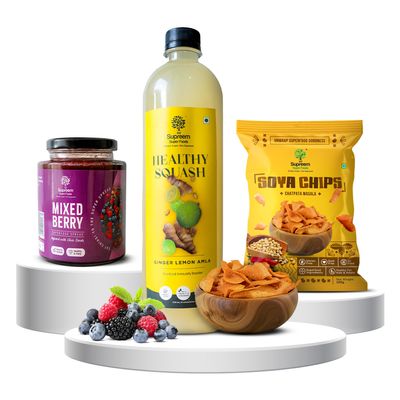 SSF Supreem Super Foods Normalife Combo Pack of Ginger Lemon Amla Squash - 700ml Mixed Berry Bread Spread with Chia Seeds -500gm and Soya Chips- 100gm | Healthy and Tasty Combined Perfectly for Travel and Celebrations