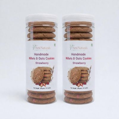 Ami Naturals Strawberry Millet & Oats Cookies | Handmade Healthy Cookies | No Maida, No Added Sugar, No Palm Oil | Fruity Snack | 200g (Pack of 2)
