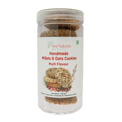 Ami Naturals Millet & Oats Cookies Multi-Flavour Pack Chocolate Chips, Almond, Sattu Oats & Strawberry | Handmade Healthy Cookies | No Maida, No Added Sugar, No Palm Oil | Variety Pack | 200 gm