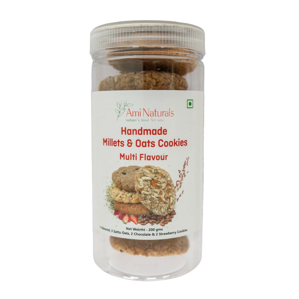 Ami Naturals Millet & Oats Cookies Multi-Flavour Pack  Chocolate Chips, Almond, Sattu Oats & Strawberry | Handmade Healthy Cookies | No Maida, No Added Sugar, No Palm Oil | Variety Pack | 200 gm
