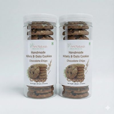 Ami Naturals Chocolate Chip Millet & Oats Cookies | Handmade Healthy Cookies | No Maida, No Added Sugar, No Palm Oil | High Fibre Snack | 200g (Pack of 2)