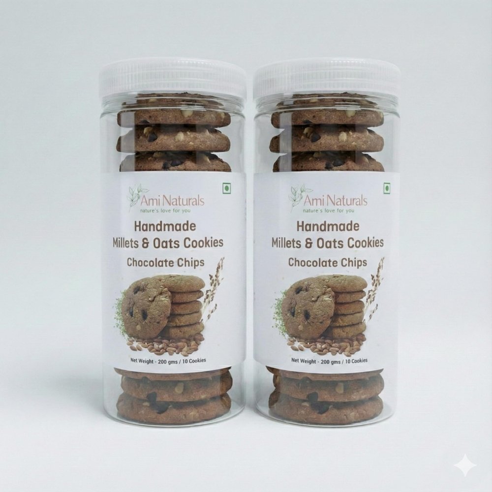 Ami Naturals Chocolate Chip Millet & Oats Cookies | Handmade Healthy Cookies | No Maida, No Added Sugar, No Palm Oil | High Fibre Snack | 200g (Pack of 2)