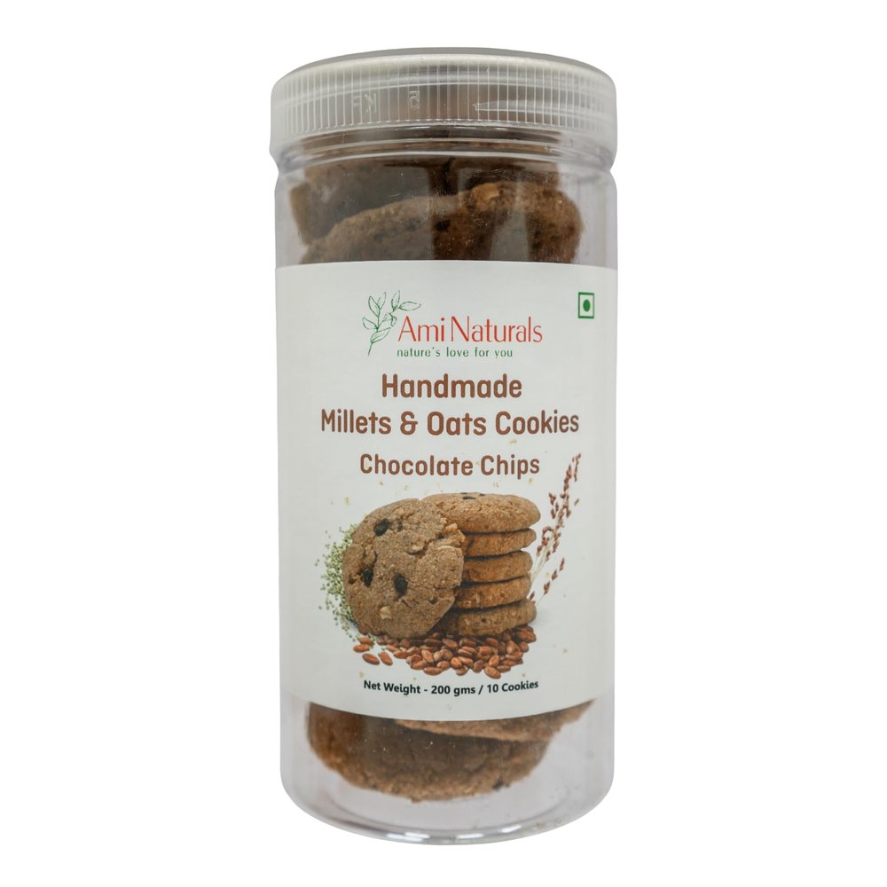 Ami Naturals Chocolate Chip Millet & Oats Cookies | Handmade Healthy Cookies | No Maida, No Added Sugar, No Palm Oil | High Fibre Snack | 200g