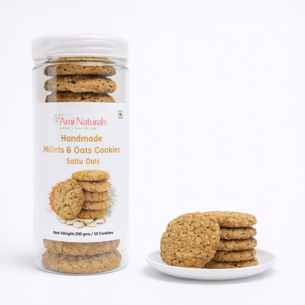 Ami Naturals Sattu & Oats Millet Cookies | Handmade Protein-Rich Healthy Cookies | No Maida, No Added Sugar, No Palm Oil | Fibre-Rich Snack | 200g