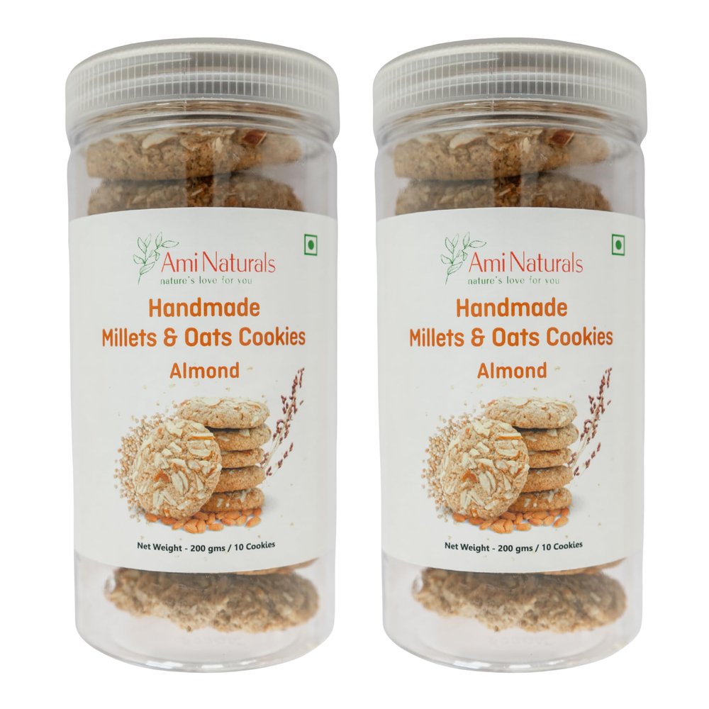 Ami Naturals Almond Millet & Oats Cookies | Handmade Healthy Cookies | No Maida, No Added Sugar, No Palm Oil | Protein-Rich Snack | 200g (Pack of 2)