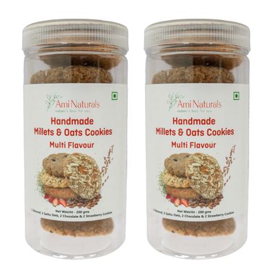 Ami Naturals Millet & Oats Cookies Multi-Flavour Pack Chocolate Chips, Almond, Sattu Oats & Strawberry | Handmade Healthy Cookies | No Maida, No Added Sugar, No Palm Oil | Variety Pack (Pack of 2)