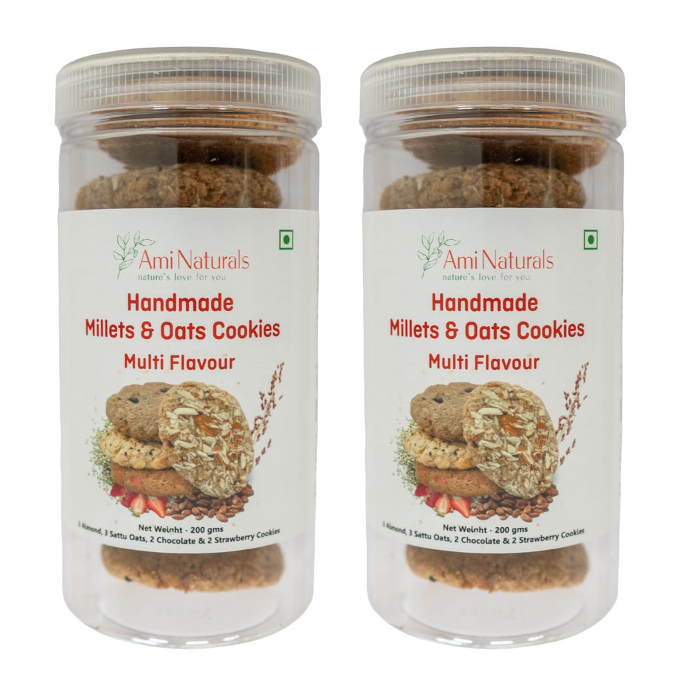 Ami Naturals Millet & Oats Cookies Multi-Flavour Pack  Chocolate Chips, Almond, Sattu Oats & Strawberry | Handmade Healthy Cookies | No Maida, No Added Sugar, No Palm Oil | Variety Pack (Pack of 2)