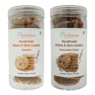 Ami Naturals Almond & Chocolate Chip Millets & Oats Cookies 2-Box Pack | Handmade Healthy Cookies | No Maida, No Added Sugar, No Palm Oil | Nutritious Snack (200 gm each)