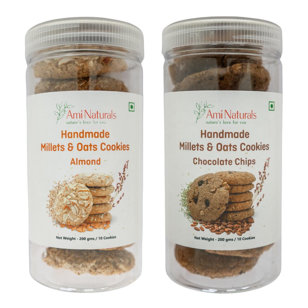 Ami Naturals Almond & Chocolate Chip Millets & Oats Cookies  2-Box Pack | Handmade Healthy Cookies | No Maida, No Added Sugar, No Palm Oil | Nutritious Snack (200 gm each)