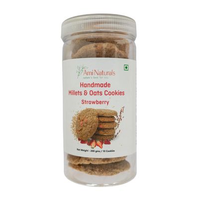 Ami Naturals Strawberry Millet & Oats Cookies | Handmade Healthy Cookies | No Maida, No Added Sugar, No Palm Oil | Fruity Snack | 200g