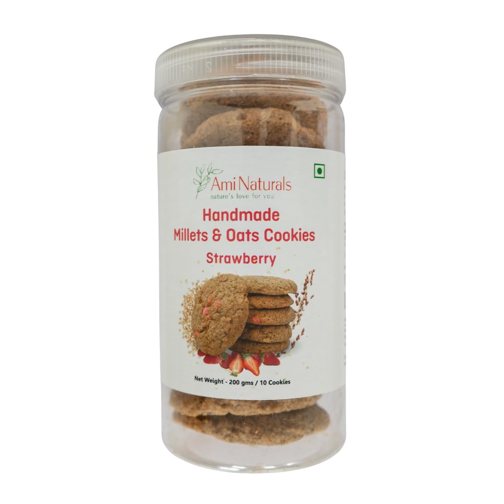 Ami Naturals Strawberry Millet & Oats Cookies | Handmade Healthy Cookies | No Maida, No Added Sugar, No Palm Oil | Fruity Snack | 200g