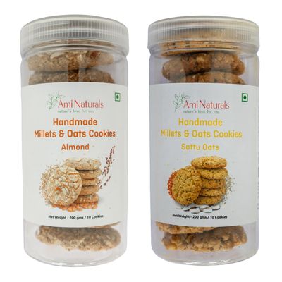 Ami Naturals Almond & Sattu Oats Millets & Oats Cookies 2-Box Pack | Handmade Healthy Cookies | No Maida, No Added Sugar, No Palm Oil | Nutty & Protein Snack (200 gm Each)