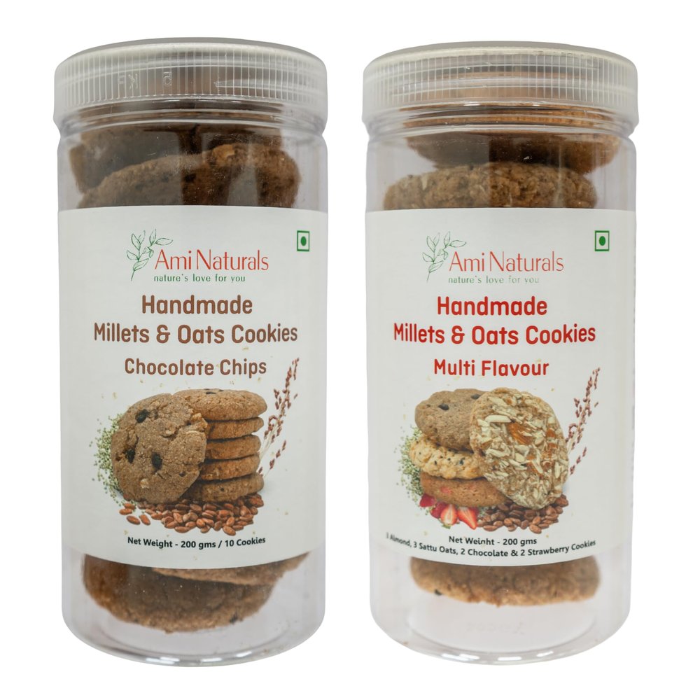 Ami Naturals Chocolate Chip & Multi-Flavour Millets & Oats Cookies  2-Box Pack | Handmade Healthy Cookies | No Maida, No Added Sugar, No Palm Oil | Variety Snack Pack (200 gm each)