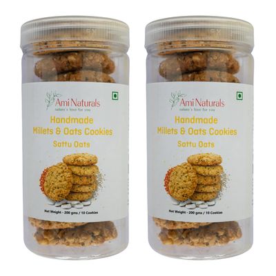 Ami Naturals Sattu & Oats Millet Cookies | Handmade Protein-Rich Healthy Cookies | No Maida, No Added Sugar, No Palm Oil | Fibre-Rich Snack | 200g (Pack of 2)