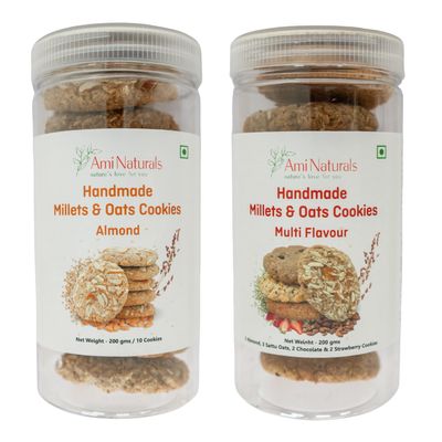Ami Naturals Almond & Multi-Flavour Millets & Oats Cookies 2-Box Pack | Handmade Healthy Cookies | No Maida, No Added Sugar, No Palm Oil | Nutritious Snack (200 gm Each)