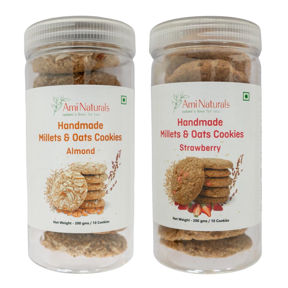 Ami Naturals Almond & Strawberry Millets & Oats Cookies  2-Box Pack | Handmade Healthy Cookies | No Maida, No Added Sugar, No Palm Oil | Premium Snack (200 gm Each)