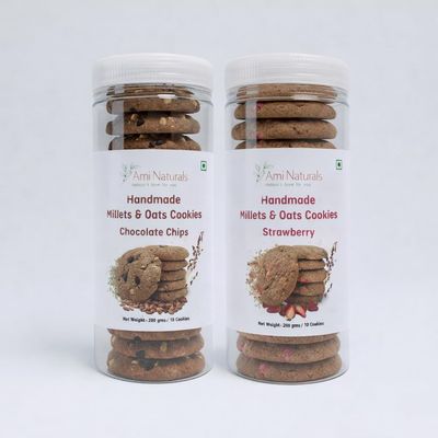 Ami Naturals Choco Chip & Strawberry Millet & Oats Cookies (400g) | Jaggery Sweetened Ragi Biscuits | 0% Maida, 0% Palm Oil | Healthy Sweet Treat for Kids Tiffin