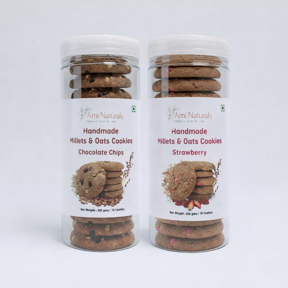Ami Naturals Choco Chip & Strawberry Millet & Oats Cookies (400g) | Jaggery Sweetened Ragi Biscuits | 0% Maida, 0% Palm Oil | Healthy Sweet Treat for Kids Tiffin