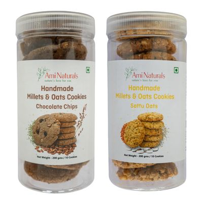Ami Naturals Chocolate Chip & Sattu Oats Millets & Oats Cookies 2-Box Pack | Handmade Healthy Cookies | No Maida, No Added Sugar, No Palm Oil | Protein Snack (200 gm Each)