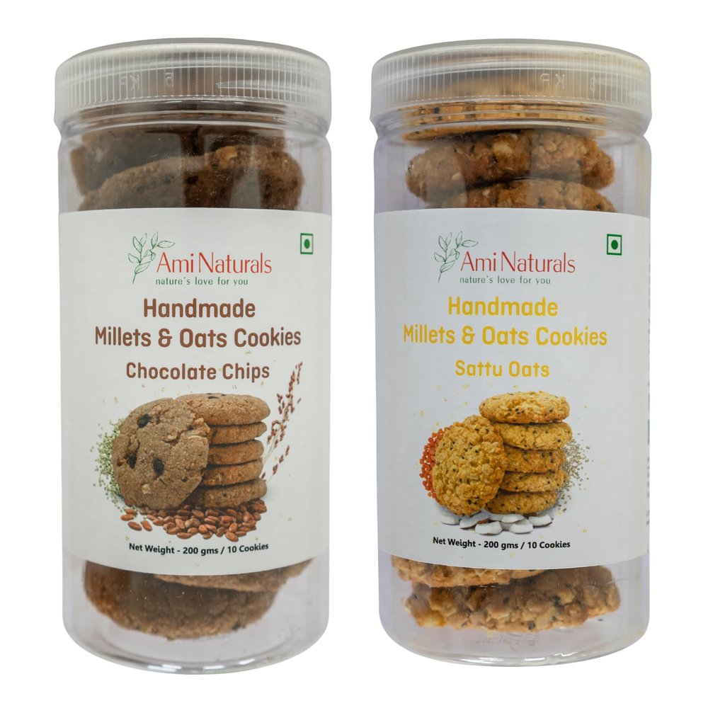 Ami Naturals Chocolate Chip & Sattu Oats Millets & Oats Cookies  2-Box Pack | Handmade Healthy Cookies | No Maida, No Added Sugar, No Palm Oil | Protein Snack (200 gm Each)
