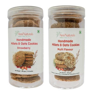 Ami Naturals Strawberry & Multi-Flavour Millets & Oats Cookies 2-Box Pack | Handmade Healthy Cookies | No Maida, No Added Sugar, No Palm Oil | Fruity & Variety Snack (200 gm Each)