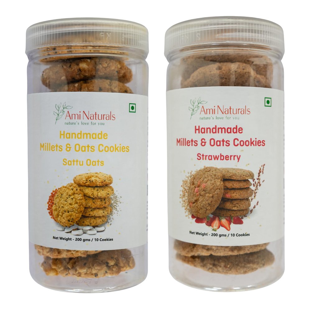 Ami Naturals Sattu Oats & Strawberry Millets & Oats Cookies  2-Box Pack | Handmade Healthy Cookies | No Maida, No Added Sugar, No Palm Oil | Protein & Fruity Snack (200 gm Each)