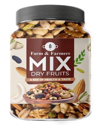 Farm & Farmers Mix Dry Fruits  Healthy Blend of Almonds, Cashews, Walnuts, Pistachios, Raisins & More  Rich in Nutrients, Perfect for Snacking & Gifting  100% Natural, No Added Preservatives  250g Jar