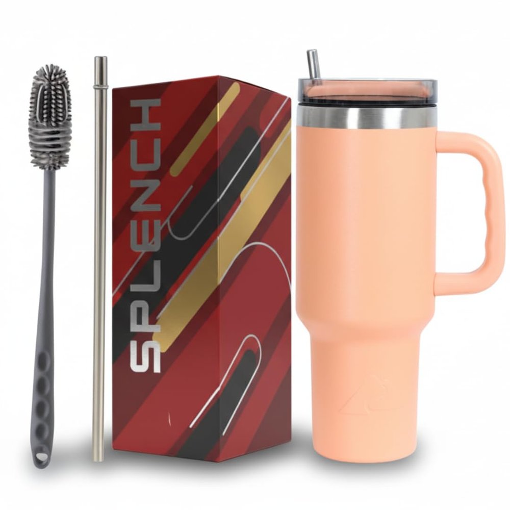 1200ML Stainless Steel Tumbler with Handle, Lid & Steel Straws Leak-Proof Travel Mug for Hot and Cold Drinks Fits Car Cupholders, Gym, Travelling