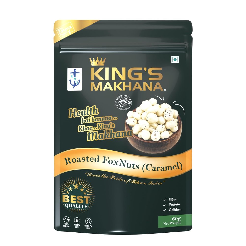 BIG SIZE King's Makhana - Premium Roasted Foxnuts (Caramel) | Big Size Makhana | Healthy & Crunchy Snack | Resealable Zip-Lock Pack for Freshness | 60g